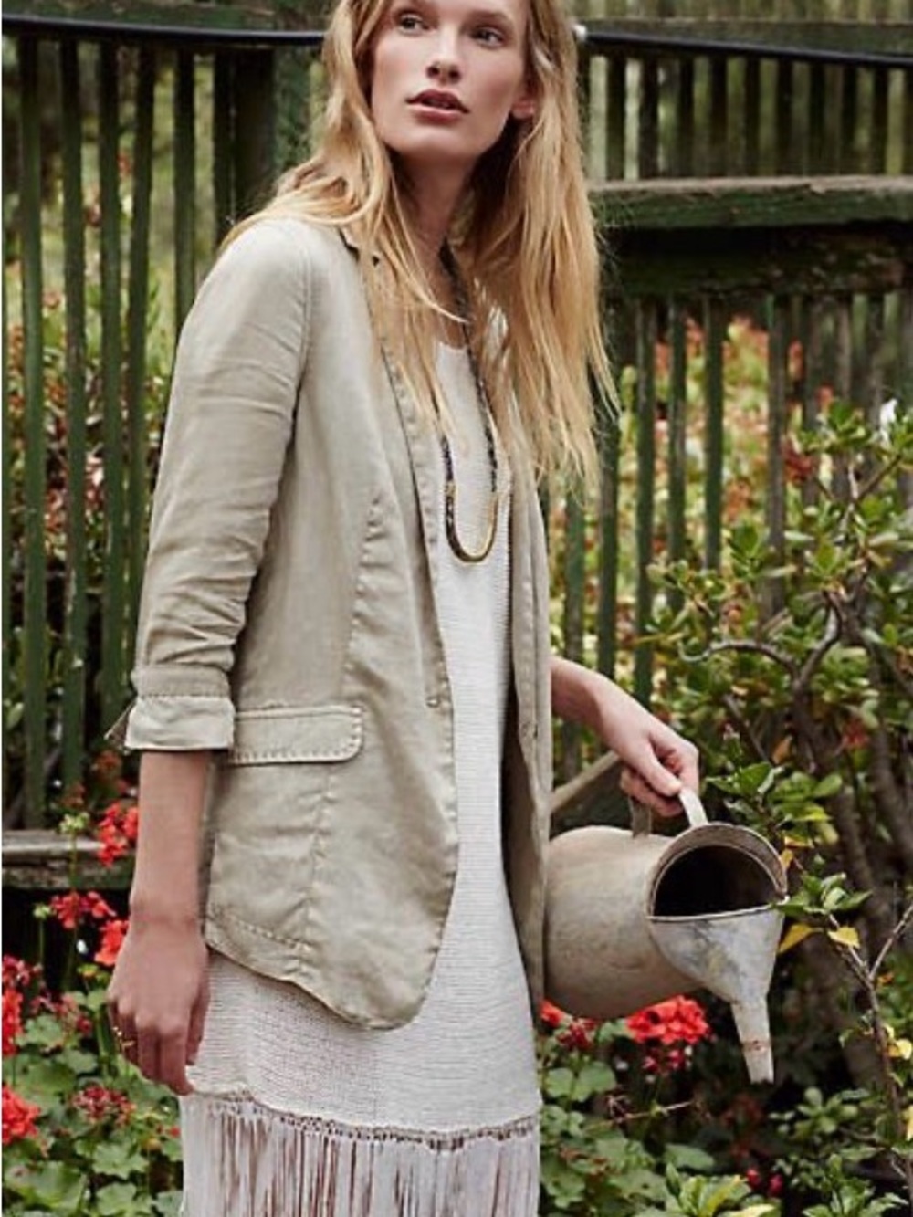 Anthropologie Marrakech Linen Libby Blazer Beige 3/4 Sleeve Size M